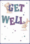 Brimming with hopeful warmth, this illustrated get well card captures the essence of compassionate care in Enfield Town. Two adorable characters-a cuddle-worthy teddy bear and an exuberant puppy-each play an active role in delivering a heartfelt message, balancing and hugging the bold letters that spell out 'Get Well'. The letters themselves, shaded in vibrant indigo and teal, stand confidently against a soft, eggshell-white background, much like a cheerful shopfront on a side street near the market. All around, shimmering stars in blue and purple hues create an atmosphere of gentle magic, reminiscent of the star-filled skies seen over Enfield Town during crisp, clear evenings. The meticulously drawn fur on the bear and puppy looks invitingly soft, echoing the comfort found in a trusted friend's embrace or a thoughtfully chosen bouquet. This card doesn't merely send wishes for recovery-it radiates an emotional balm, much like a bouquet from Enfield Town Florist meant to uplift spirits and surround someone in gentle, heartfelt kindness.